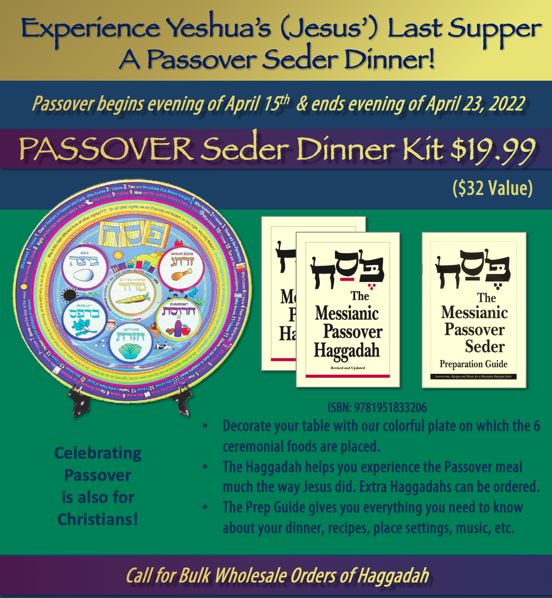 The Messianic Passover Seder Dinner Kit Seder Plate, 2 Haggadah, Prep